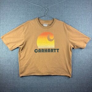 Carhartt Shirt Mens Large Tall‎ Brown Loose Fit Sunset Logo Workwear Cropped Tee
